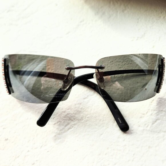 Y2K Vintage Narrow Slim Sunglasses Rectangular Black Frame with Crystals . - Picture 2 of 10